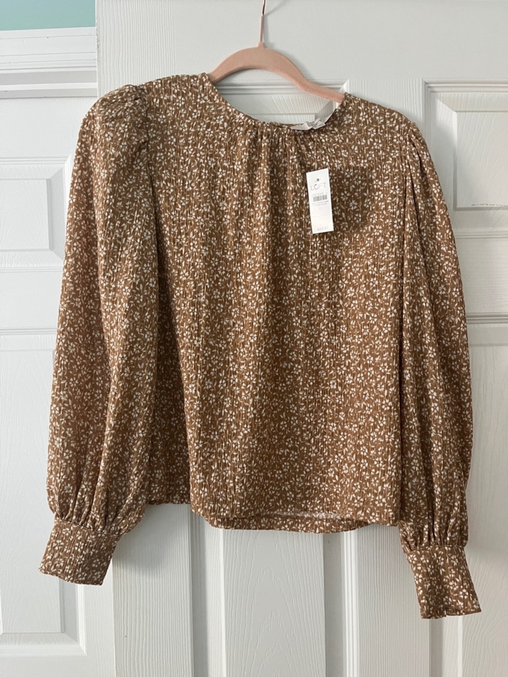 LOFT Brown Floral Long-Sleeve Peasant Top